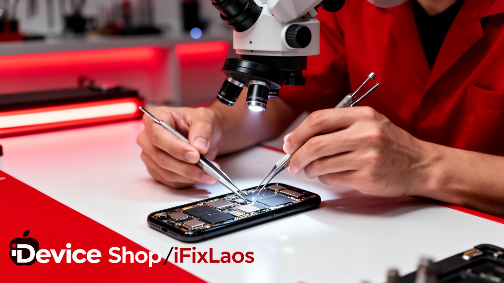 iDevice Shop technician performing iPhone Logic Board micro-soldering repair under a microscope in Vientiane, Laos